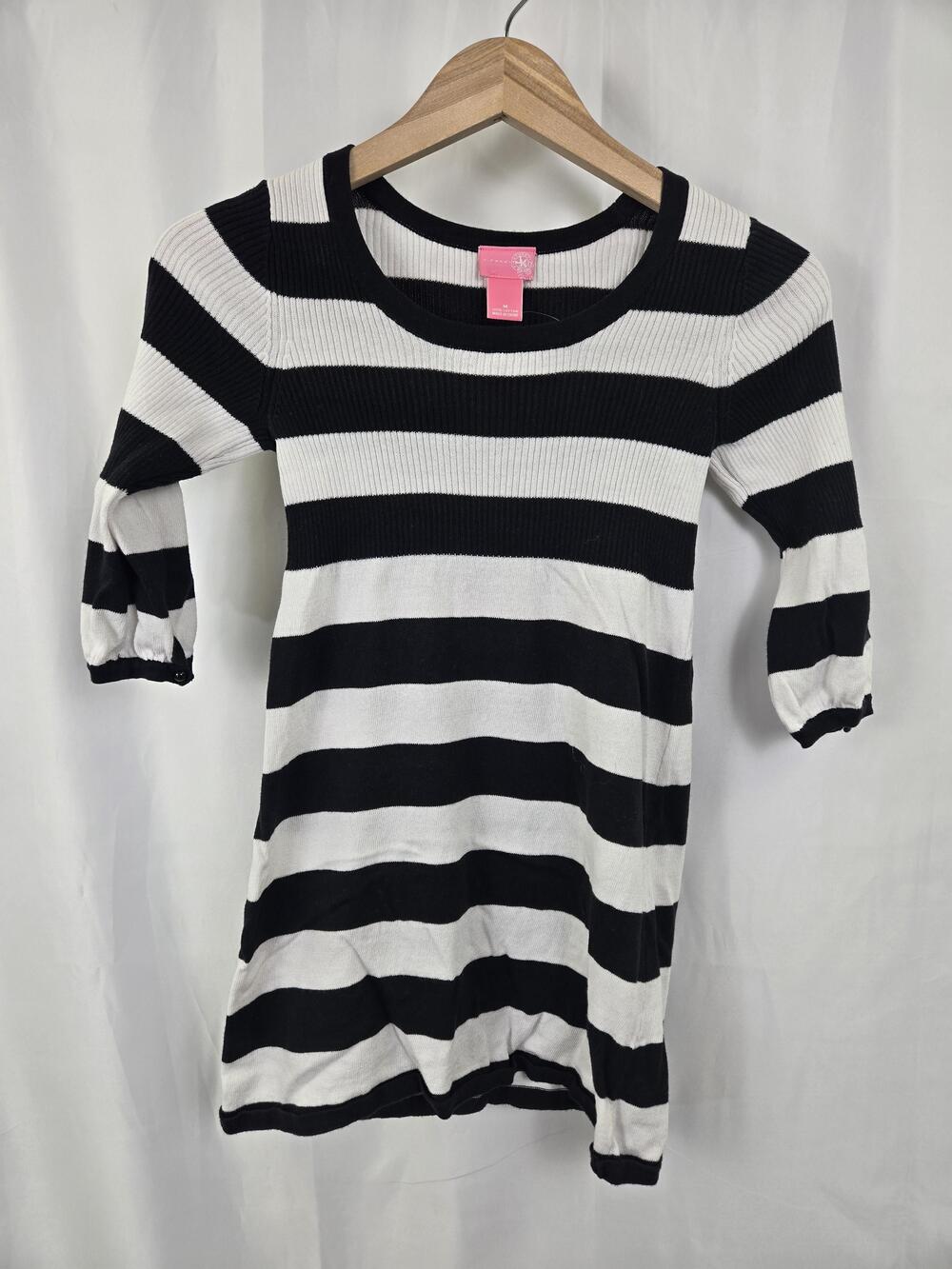 J. Khaki Sweater Dress Girls Medium Black White Stripe 3/4 Puff Sleeve Knit
